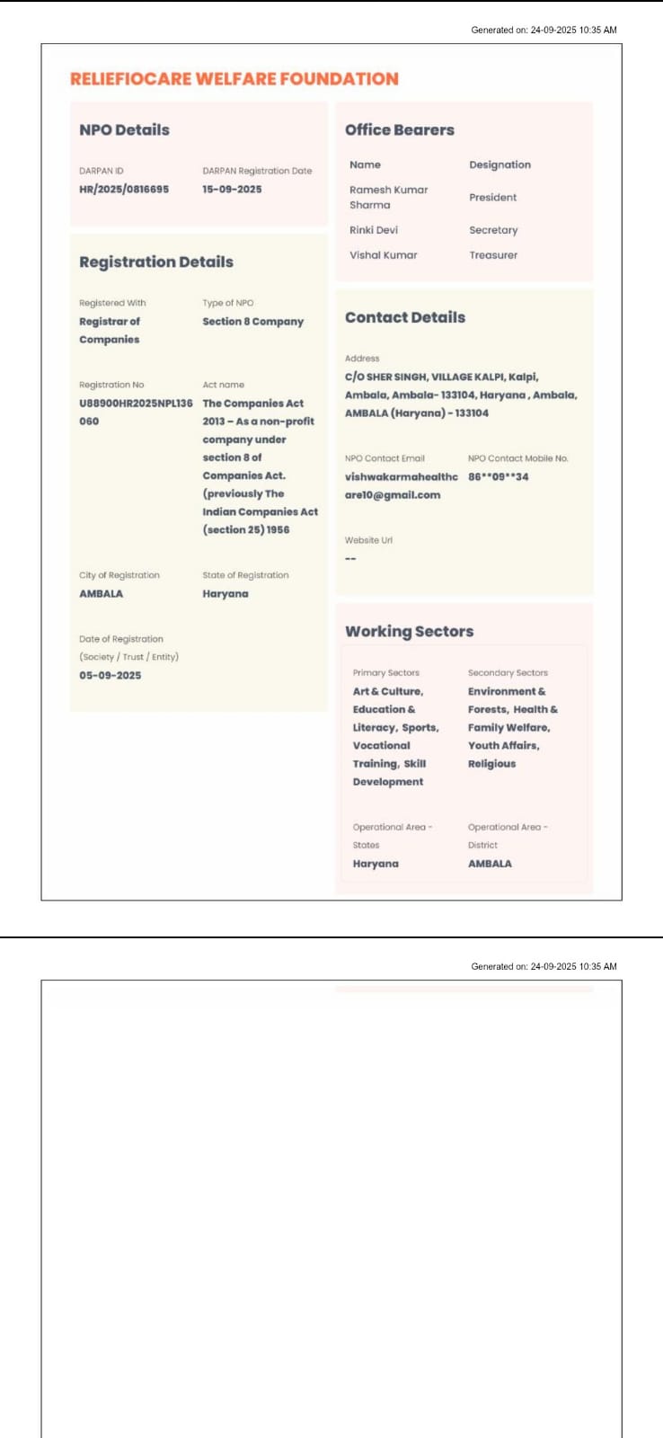 Reliefocare Registration Certificate